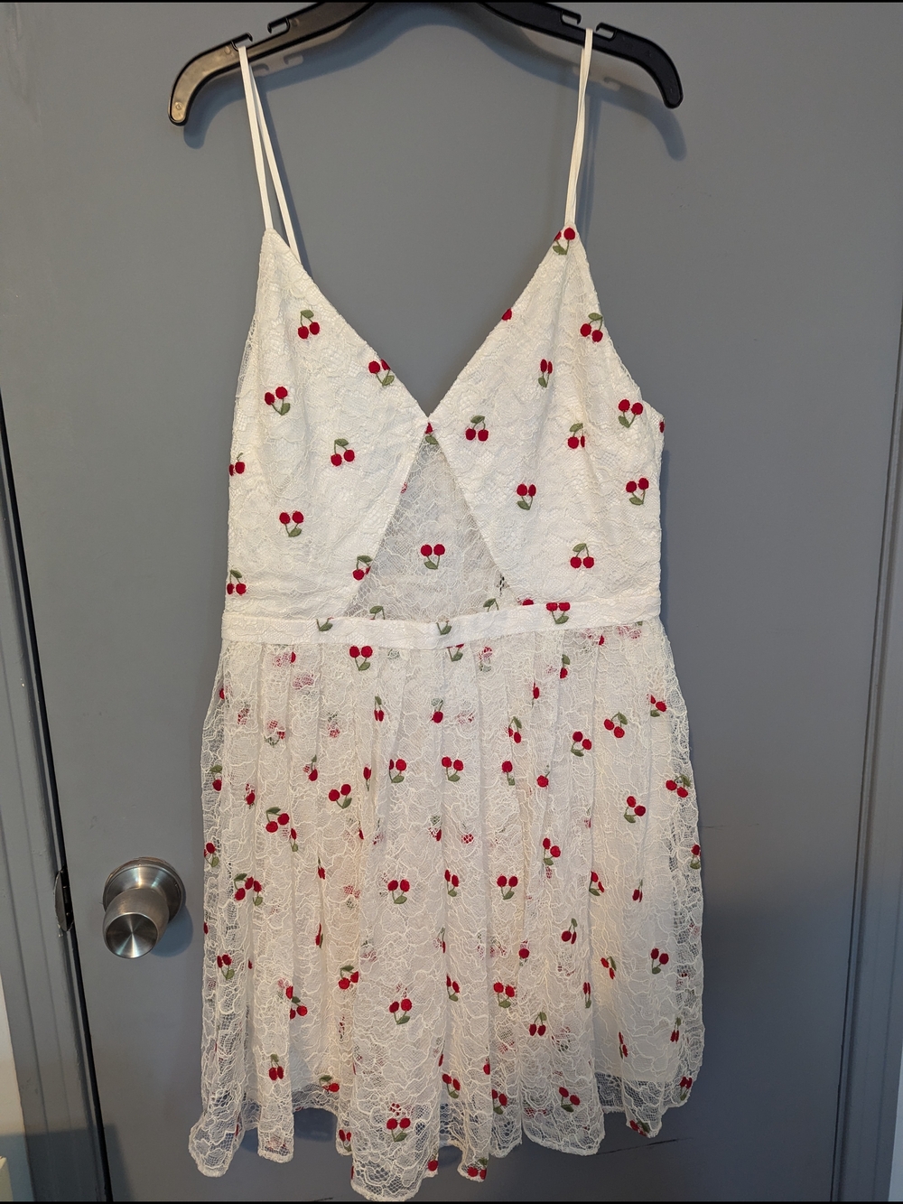 Fleurs Du Mal White Lace Cherry Embroidered Spaghetti Strap Dress